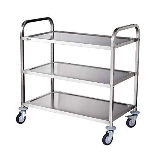 VEVOR Kitchen Utility Cart, 37.5"x19.7"x37.7" 3 Tiers Wire Rolling Cart, 450LBS Capacity Steel Service Cart with Brake Wheels, Storage Trolley with 80mm Basket PP Liner 6 Hooks, Indoor & Outdoor Use