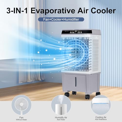 Uthfy Evaporative Air Cooler, Swamp Cooler with 5.3 Gallon Water Tank, 4 Ice Box, Remote, 12H Timer, 110°Oscillation, Portable Air Cooler Cooling Fan with 3 Speeds for Bedroom Home Office