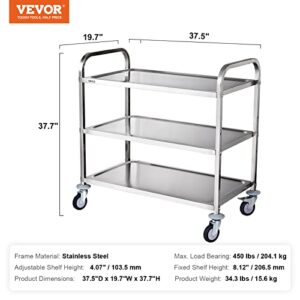 VEVOR Kitchen Utility Cart, 37.5"x19.7"x37.7" 3 Tiers Wire Rolling Cart, 450LBS Capacity Steel Service Cart with Brake Wheels, Storage Trolley with 80mm Basket PP Liner 6 Hooks, Indoor & Outdoor Use