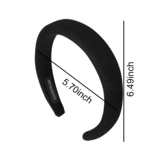 Black Padded Headband for Women - Wide, Simple, Soft Satin Hair Hoop for Girls and Teens, No Teeth Thick Head Accessory