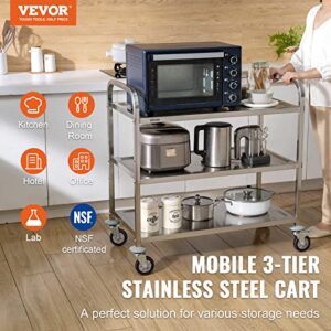 VEVOR Kitchen Utility Cart, 37.5"x19.7"x37.7" 3 Tiers Wire Rolling Cart, 450LBS Capacity Steel Service Cart with Brake Wheels, Storage Trolley with 80mm Basket PP Liner 6 Hooks, Indoor & Outdoor Use