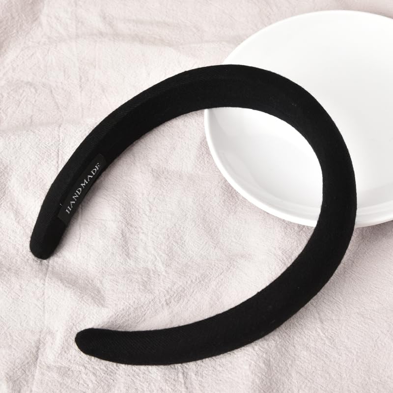 Black Padded Headband for Women - Wide, Simple, Soft Satin Hair Hoop for Girls and Teens, No Teeth Thick Head Accessory