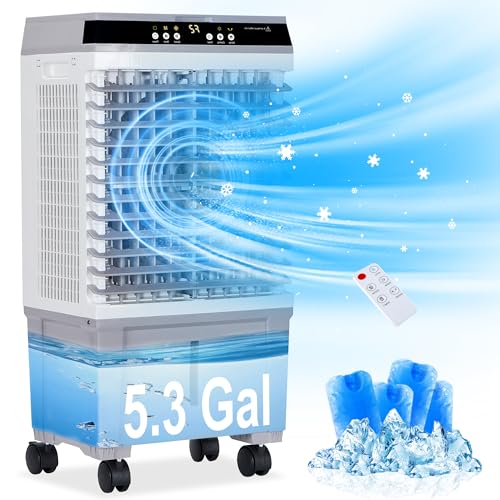 Uthfy Evaporative Air Cooler, Swamp Cooler with 5.3 Gallon Water Tank, 4 Ice Box, Remote, 12H Timer, 110°Oscillation, Portable Air Cooler Cooling Fan with 3 Speeds for Bedroom Home Office