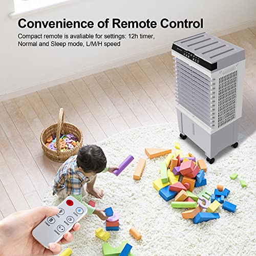 Uthfy Evaporative Air Cooler, Swamp Cooler with 5.3 Gallon Water Tank, 4 Ice Box, Remote, 12H Timer, 110°Oscillation, Portable Air Cooler Cooling Fan with 3 Speeds for Bedroom Home Office