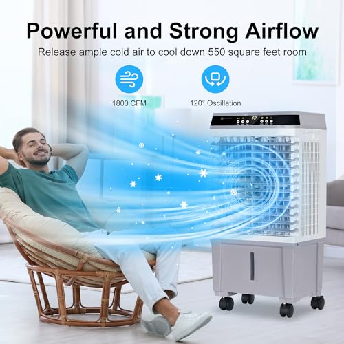 Uthfy Evaporative Air Cooler, Swamp Cooler with 5.3 Gallon Water Tank, 4 Ice Box, Remote, 12H Timer, 110°Oscillation, Portable Air Cooler Cooling Fan with 3 Speeds for Bedroom Home Office