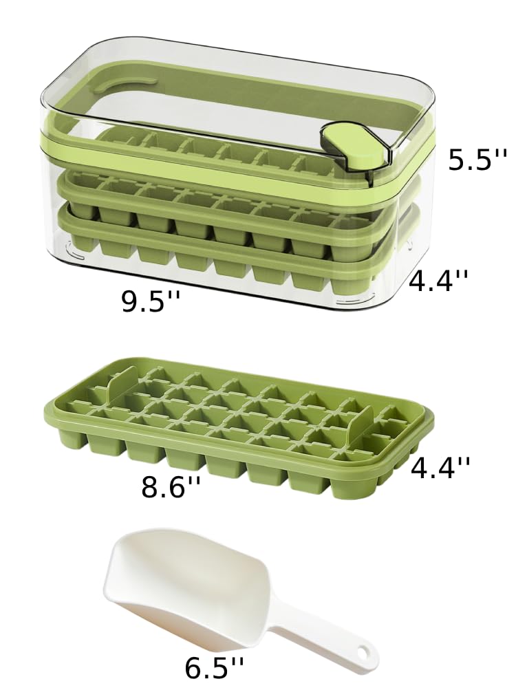 GOHOLE Ice Cube Trays for Freezer with Lid and Bin, 64 Ice Cubes, 2 Trays, Container, Lid & Ice Scoop (Green)