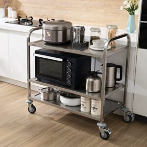 VEVOR Kitchen Utility Cart, 37.5"x19.7"x37.7" 3 Tiers Wire Rolling Cart, 450LBS Capacity Steel Service Cart with Brake Wheels, Storage Trolley with 80mm Basket PP Liner 6 Hooks, Indoor & Outdoor Use