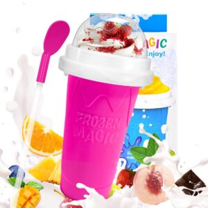 Slushy Maker Cup, DIY Magic Slushy Maker Squeeze Cup, Portable Smoothie Squeeze Cup for Juices, Milk and Ice Cream Make, Double Layers Silica Cup with Lid & Straw for Kids, Friends, Family (Pink)1