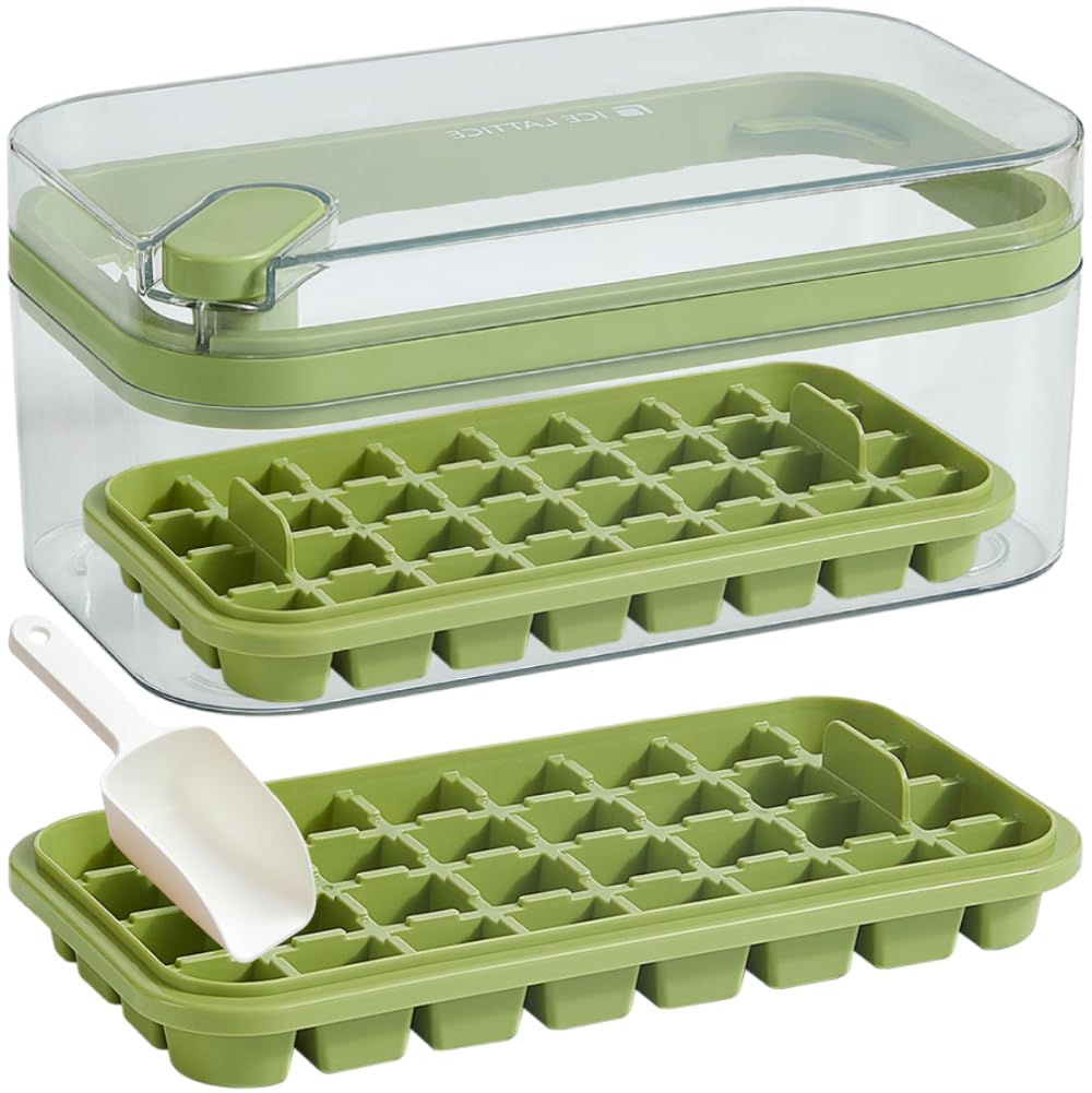 GOHOLE Ice Cube Trays for Freezer with Lid and Bin, 64 Ice Cubes, 2 Trays, Container, Lid & Ice Scoop (Green)