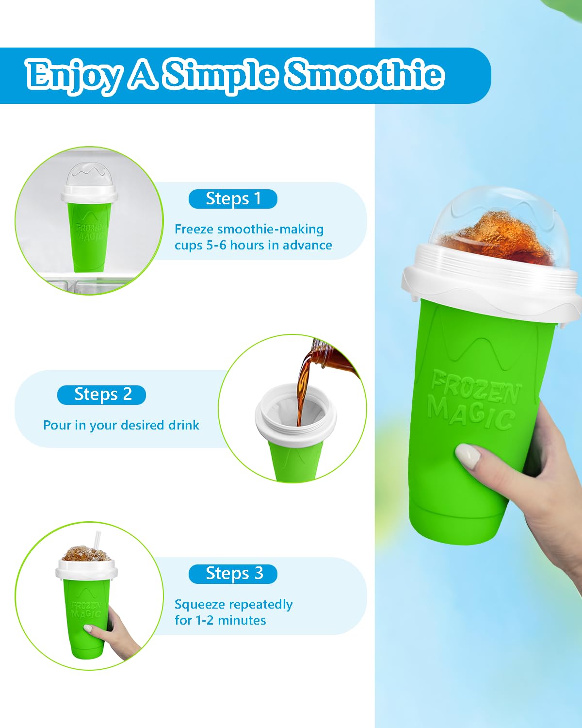 Slushy Maker Cup, DIY Magic Slushy Maker Squeeze Cup, Portable Smoothie Squeeze Cup for Juices, Milk and Ice Cream Make, Double Layers Silica Cup with Lid & Straw for Kids, Friends, Family (Green)1