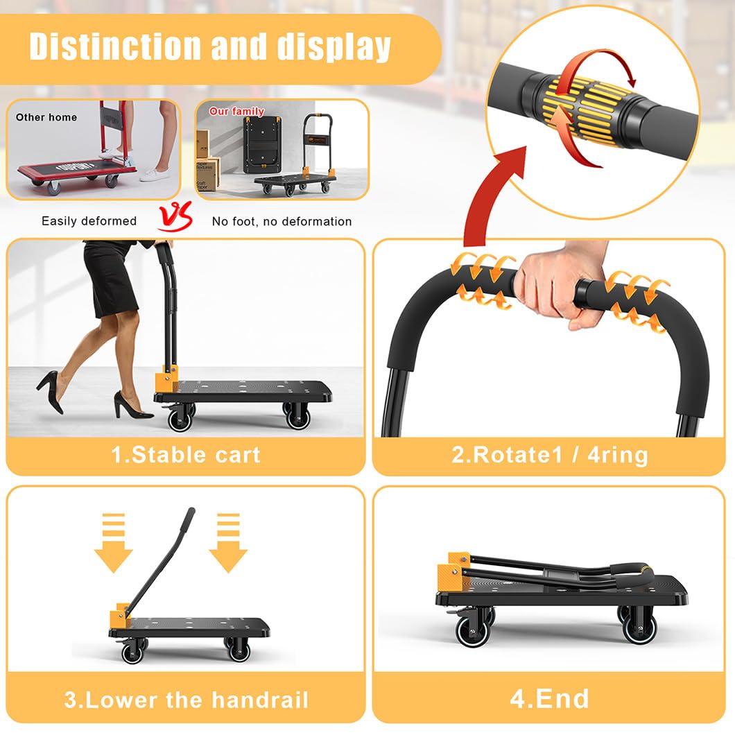 Eewudwok Dolly Cart, Platform Truck Push Cart with 770 Lbs Capacity, Silent Wheels, One-Handed Folding, Large Flat Hand Truck Trolley for Moving Shopping Storage (L)