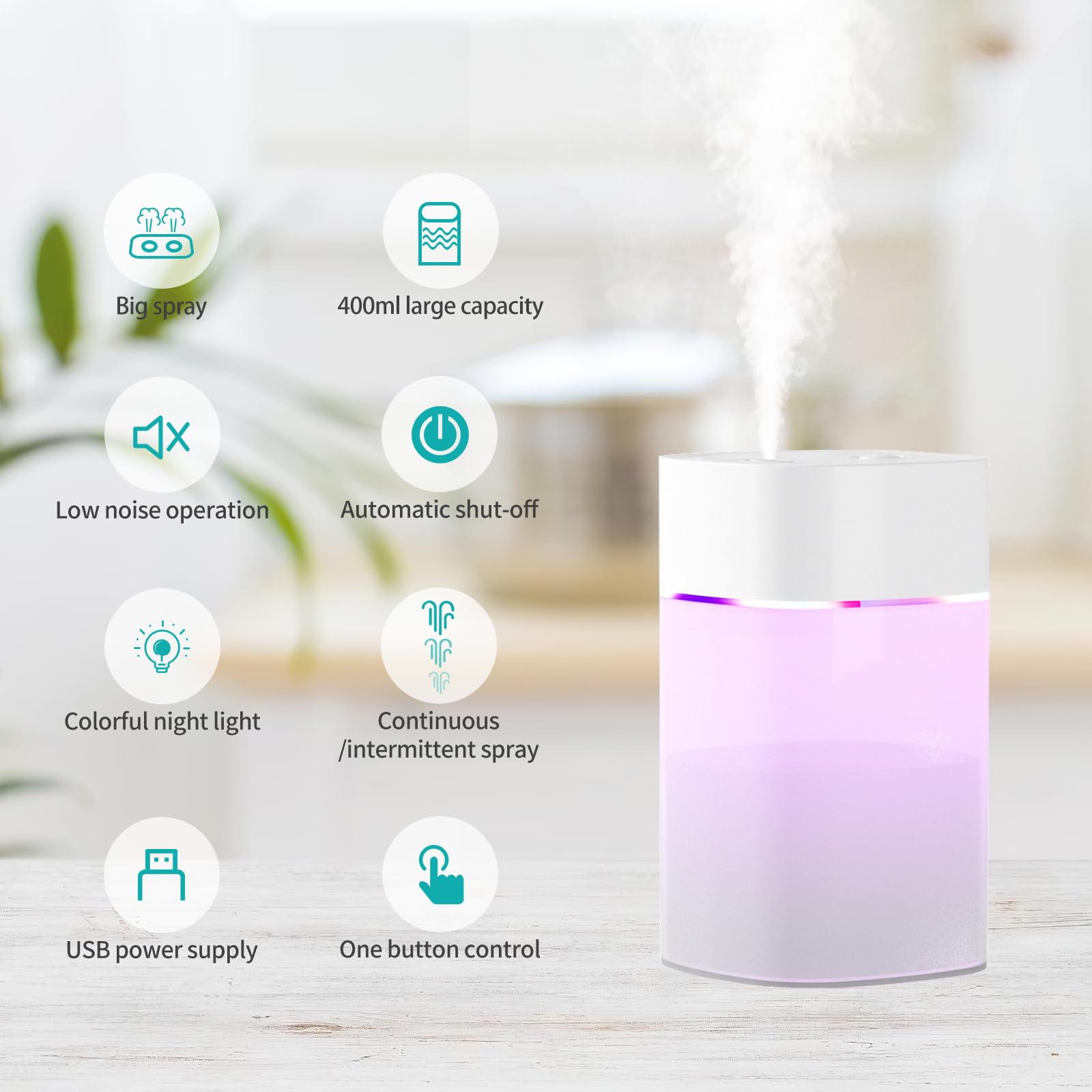 Small Humidifier, Mini Humidifier for Plant, 400ml Cool Mist Humidifiers for Bedroom, Desk Personal Humidifiers for Indoor Office Car, Portable Humidifier for Double Nourishment-White