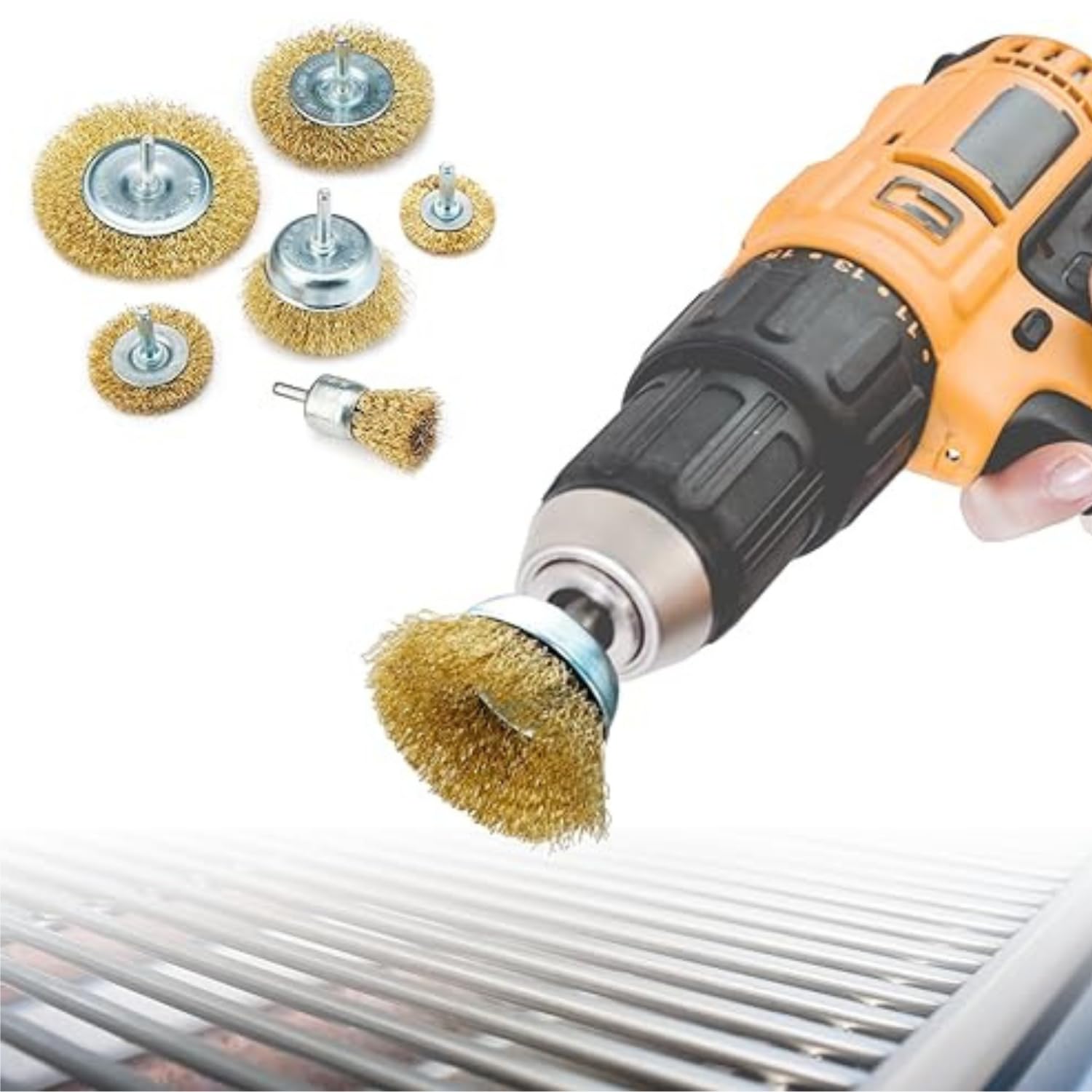 GrillBit BBQ Drill Brush for Grill Cleaning. Drill Cleaning BBQ Wire Brush. 7 Piece Set. Clean & Restore Your Grill Fast & Easy. Brass Coated Wire Brushes. Super Effective. Not Plastic. Not Meltable.