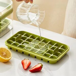 GOHOLE Ice Cube Trays for Freezer with Lid and Bin, 64 Ice Cubes, 2 Trays, Container, Lid & Ice Scoop (Green)