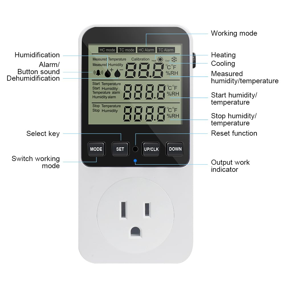 KETOTEK Humidity Controller Outlet Plug with Sensor, Digital Humidistat Switch 120V with Alarm for Greenhouse Mushroom Humidifier Dehumidifier