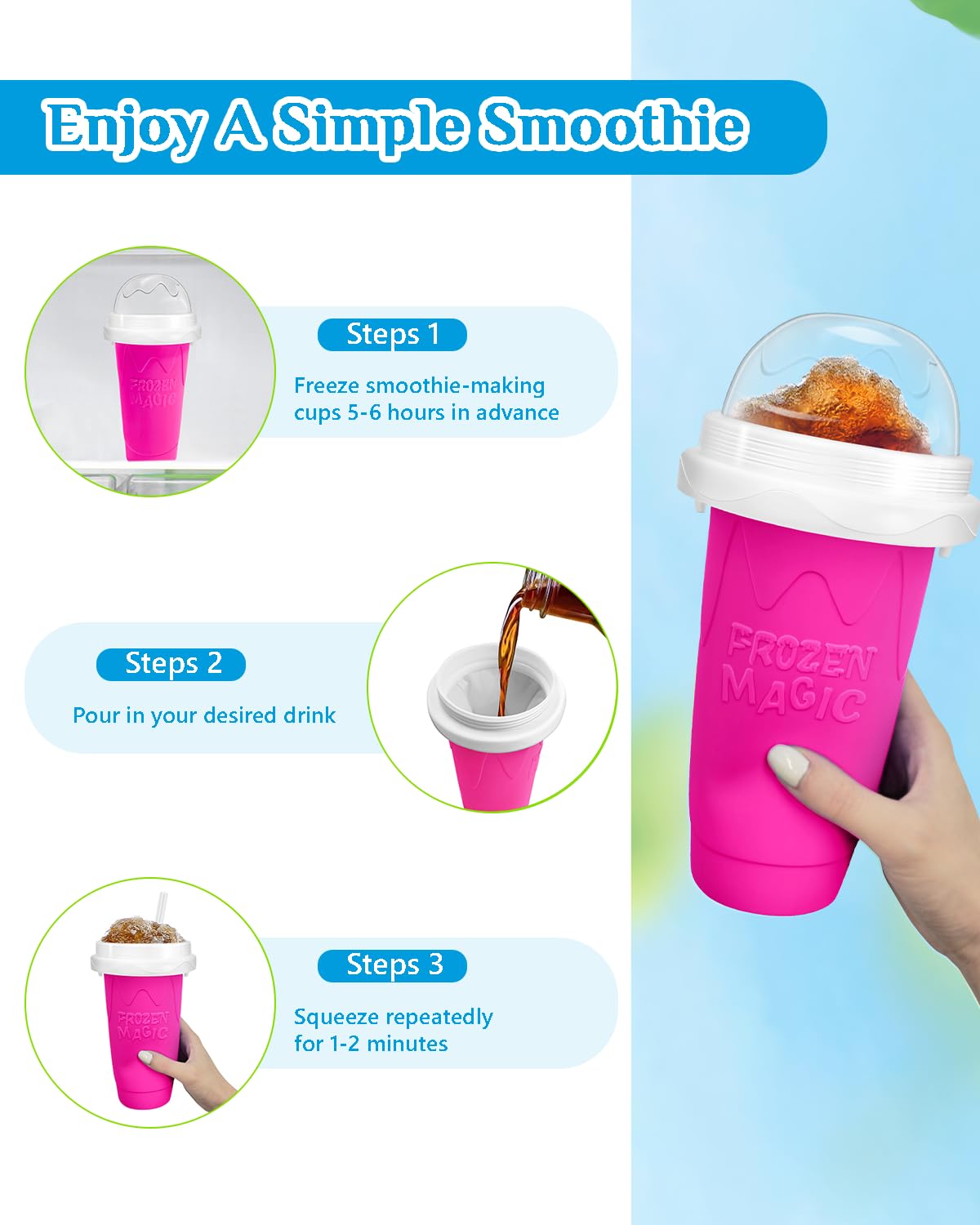 Slushy Maker Cup, DIY Magic Slushy Maker Squeeze Cup, Portable Smoothie Squeeze Cup for Juices, Milk and Ice Cream Make, Double Layers Silica Cup with Lid & Straw for Kids, Friends, Family (Pink)1