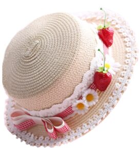 lolita strawberry straw hat for women teens summer outdoor fashionable wide brim beach sun hats uv protection (beige)