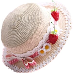 Lolita Strawberry Straw Hat for Women Teens Summer Outdoor Fashionable Wide Brim Beach Sun Hats UV Protection (Beige)