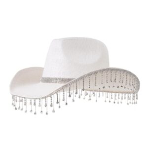 QWINEE Cowboy Hat with Rhinestone Tassel Decor Halloween Cow Fedora Hat Western Cowboy Hat Costume Accessories for Women Men White one-Size