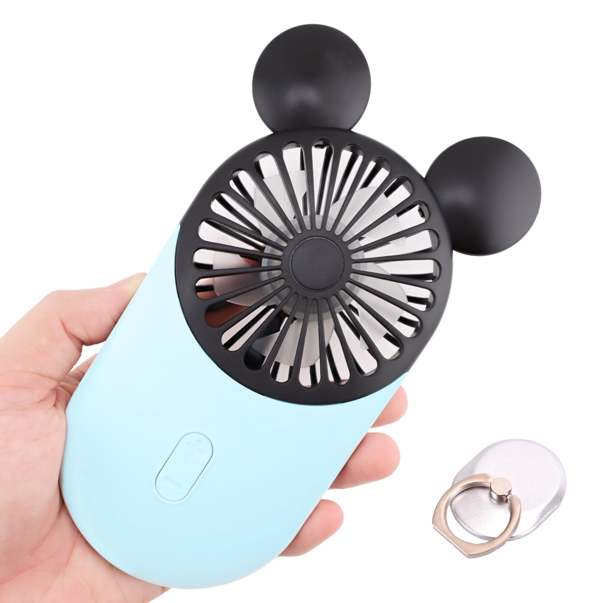 DecoLife Cute Personal Mini Fan, Handheld & Portable USB Rechargeable Fan with Beautiful LED Light, 3 Adjustable Speeds, Portable Holder, Perfect for Indoor Or Outdoor Activities, Cute Mouse (Blue)