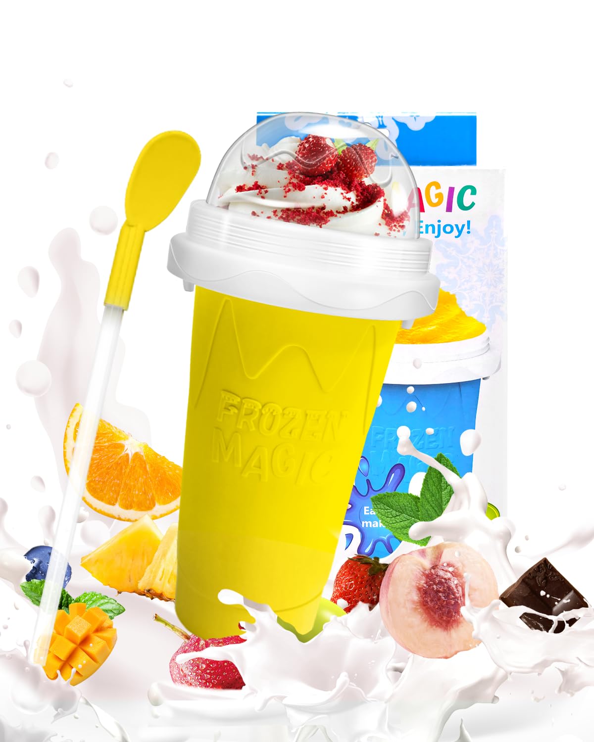 Slushy Maker Cup, DIY Magic Slushy Maker Squeeze Cup, Portable Smoothie Squeeze Cup for Juices, Milk and Ice Cream Make, Double Layers Silica Cup with Lid & Straw for Kids, Friends, Family (Yellow)1