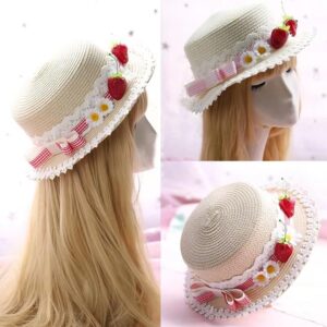 Lolita Strawberry Straw Hat for Women Teens Summer Outdoor Fashionable Wide Brim Beach Sun Hats UV Protection (Beige)