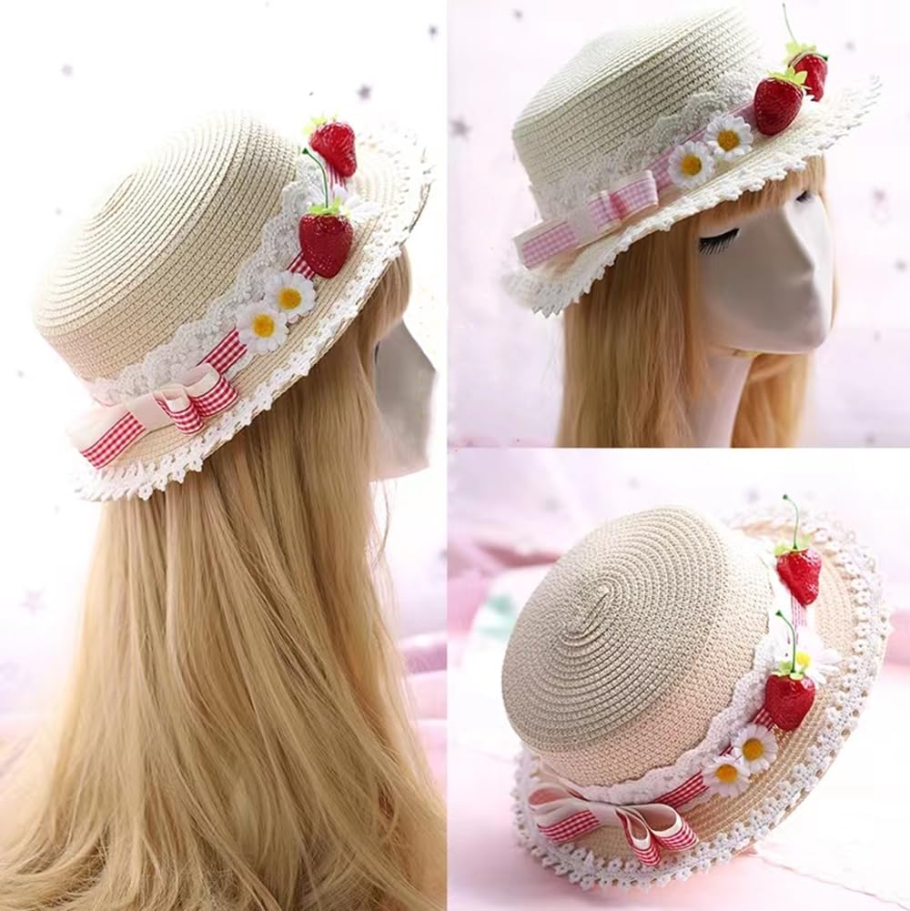 Lolita Strawberry Straw Hat for Women Teens Summer Outdoor Fashionable Wide Brim Beach Sun Hats UV Protection (Beige)