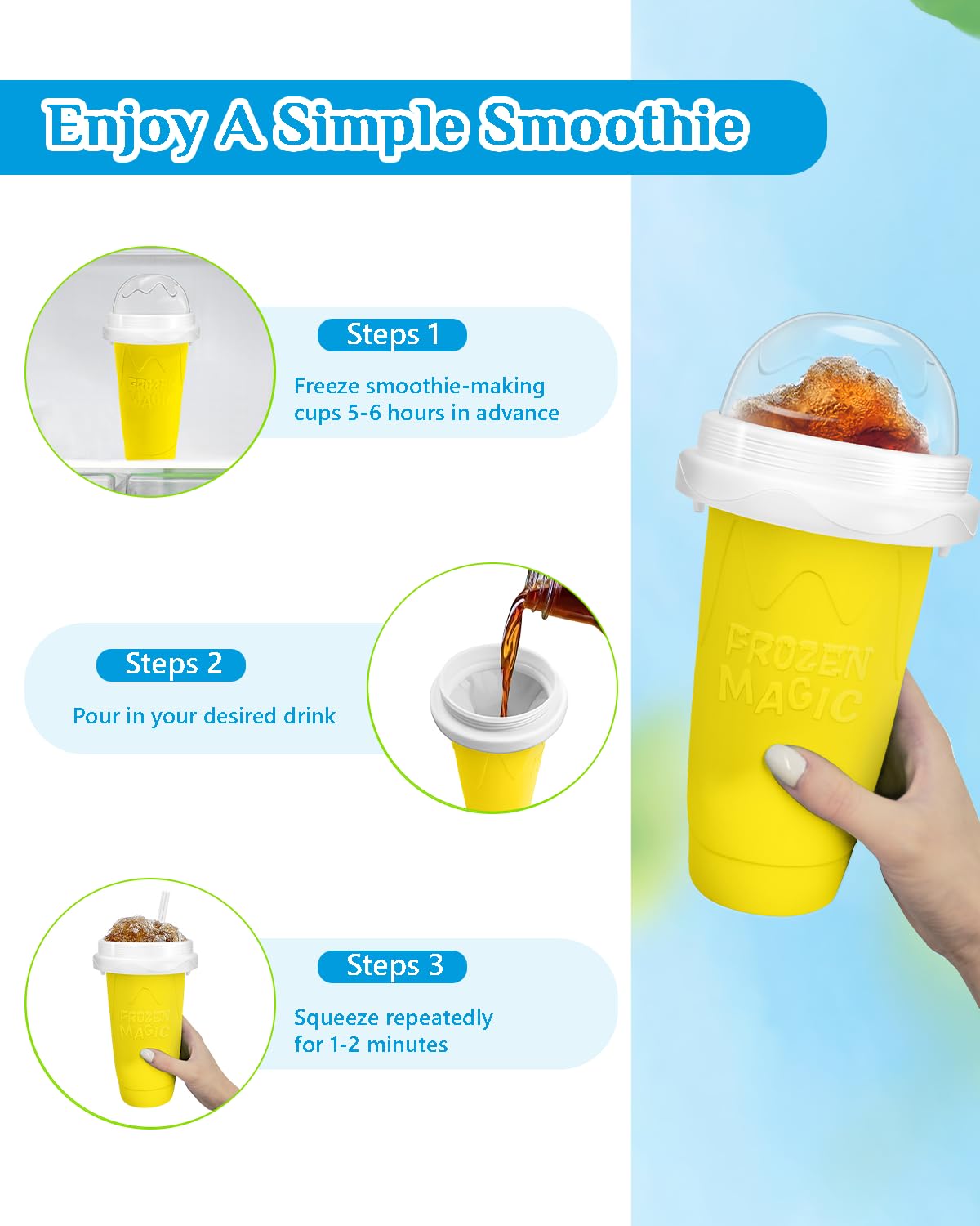 Slushy Maker Cup, DIY Magic Slushy Maker Squeeze Cup, Portable Smoothie Squeeze Cup for Juices, Milk and Ice Cream Make, Double Layers Silica Cup with Lid & Straw for Kids, Friends, Family (Yellow)1