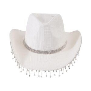 QWINEE Cowboy Hat with Rhinestone Tassel Decor Halloween Cow Fedora Hat Western Cowboy Hat Costume Accessories for Women Men White one-Size