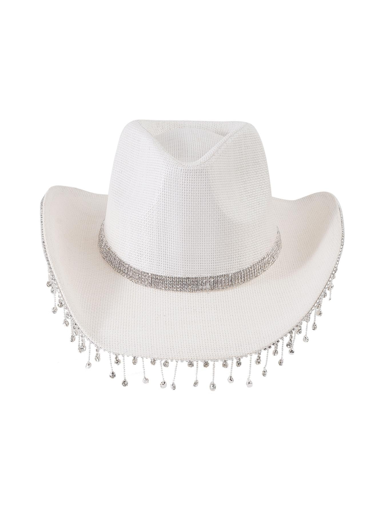 QWINEE Cowboy Hat with Rhinestone Tassel Decor Halloween Cow Fedora Hat Western Cowboy Hat Costume Accessories for Women Men White one-Size