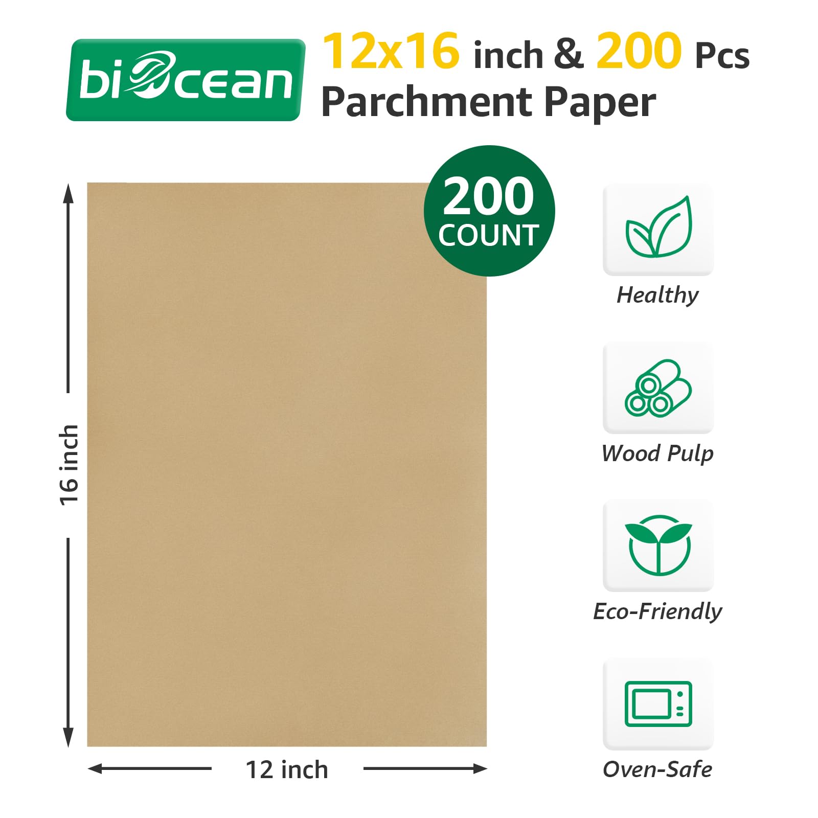 BIOCEAN 200Pcs 12x16In Unbleached Parchment Paper Sheets Precut Heavy Duty Flat Kitchen Baking Supplies Paper Non-Stick,Non-Toxic Cooking Paper for Air Fryer, Steaming, Oven Make Cup Cake Bread Cookie