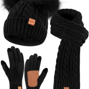 Women's Winter Hat, Glove & Scarf Set - Fleece Lined Beanie with Pom Pom, Touchscreen Gloves, Knit Scarf Neck Warmer