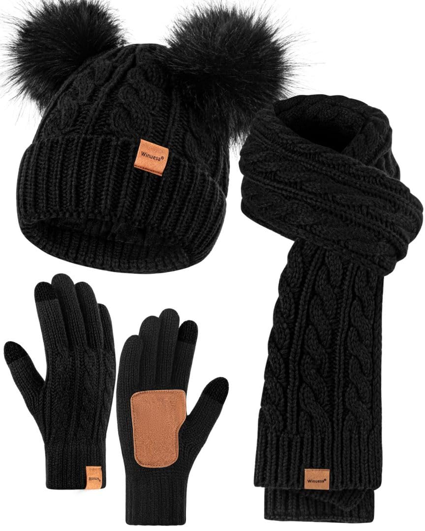 Women's Winter Hat, Glove & Scarf Set - Fleece Lined Beanie with Pom Pom, Touchscreen Gloves, Knit Scarf Neck Warmer