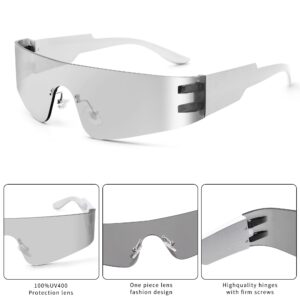 LIU·WEN Trendy Y2K Rimless Futuristic Wrap Around Sunglasses for Women Men Fashion Shield Flat Shades(Silver/Silver Mirrored)