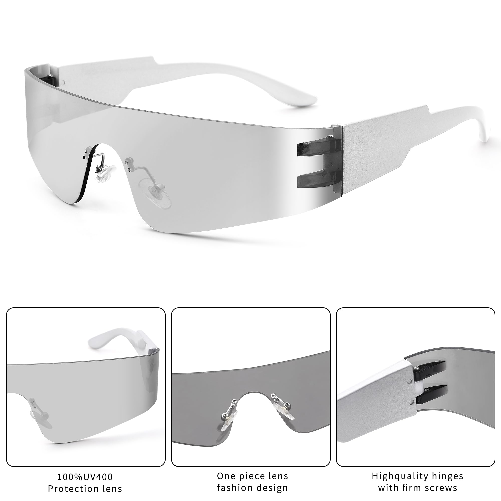 LIU·WEN Trendy Y2K Rimless Futuristic Wrap Around Sunglasses for Women Men Fashion Shield Flat Shades(Silver/Silver Mirrored)