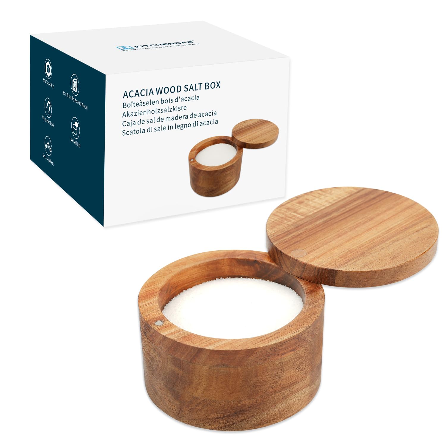 KITCHENDAO Acacia Wood Salt Cellar Bowl Box, Elegant Kitchen Salt Container Holder with Swivel Magnetic Lid to Store Pepper Spice Bath Salt Sea Salt Herbs or Favorite Seasonings, 6oz