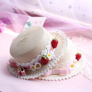 Lolita Strawberry Straw Hat for Women Teens Summer Outdoor Fashionable Wide Brim Beach Sun Hats UV Protection (Beige)