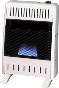 procom ml100tba-b ventless propane gas blue flame space heater with thermostat control for home and office use, 10000 btu, heats up to 500 sq. ft., includes wall mount and base feet, white