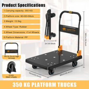 Eewudwok Dolly Cart, Platform Truck Push Cart with 770 Lbs Capacity, Silent Wheels, One-Handed Folding, Large Flat Hand Truck Trolley for Moving Shopping Storage (L)