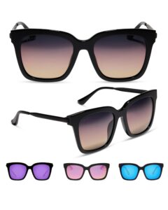 diff bella designer oversized square sunglasses for women uv400 polarized protection w/giftable travel case, black + twilight gradient