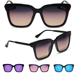 DIFF Bella Designer Oversized Square Sunglasses for Women UV400 Polarized Protection w/giftable travel case, Black + Twilight Gradient