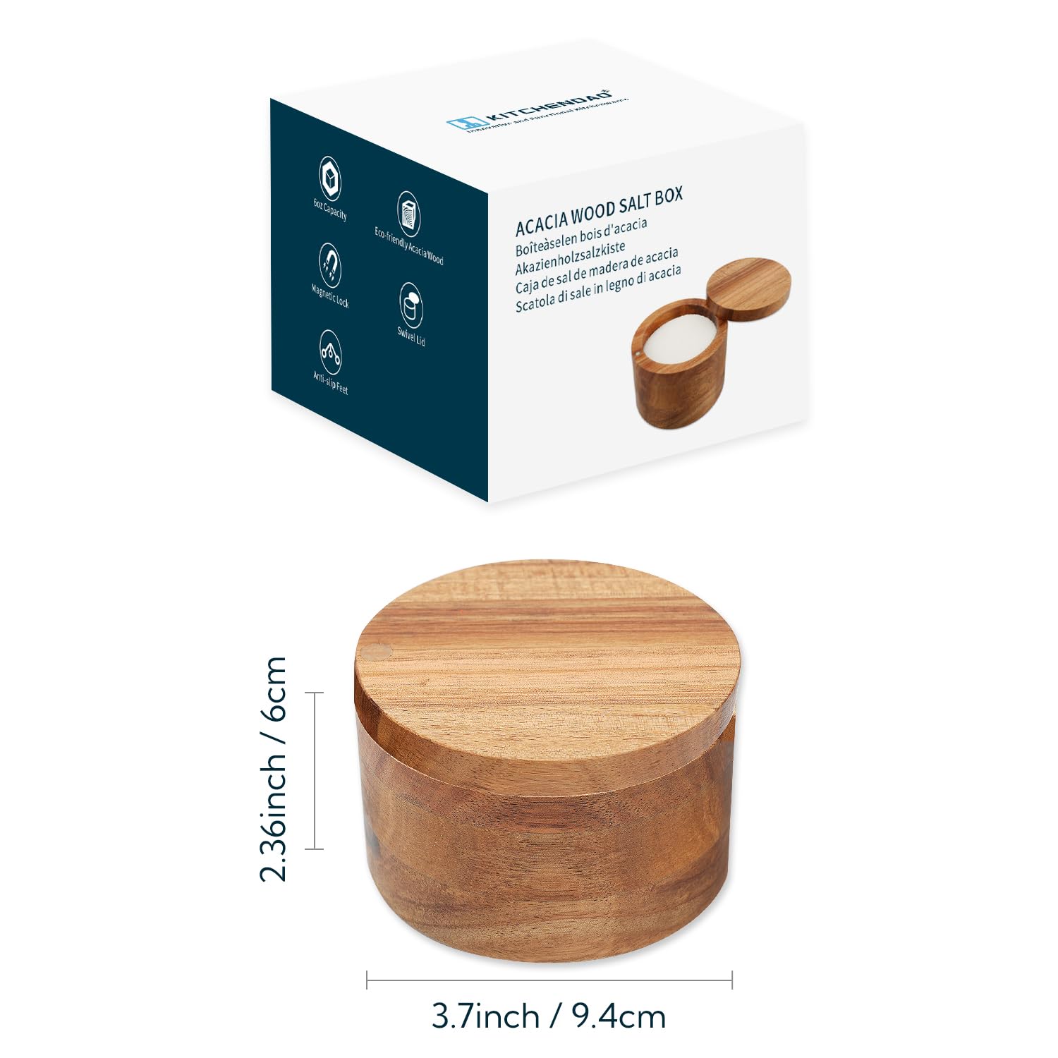 KITCHENDAO Acacia Wood Salt Cellar Bowl Box, Elegant Kitchen Salt Container Holder with Swivel Magnetic Lid to Store Pepper Spice Bath Salt Sea Salt Herbs or Favorite Seasonings, 6oz