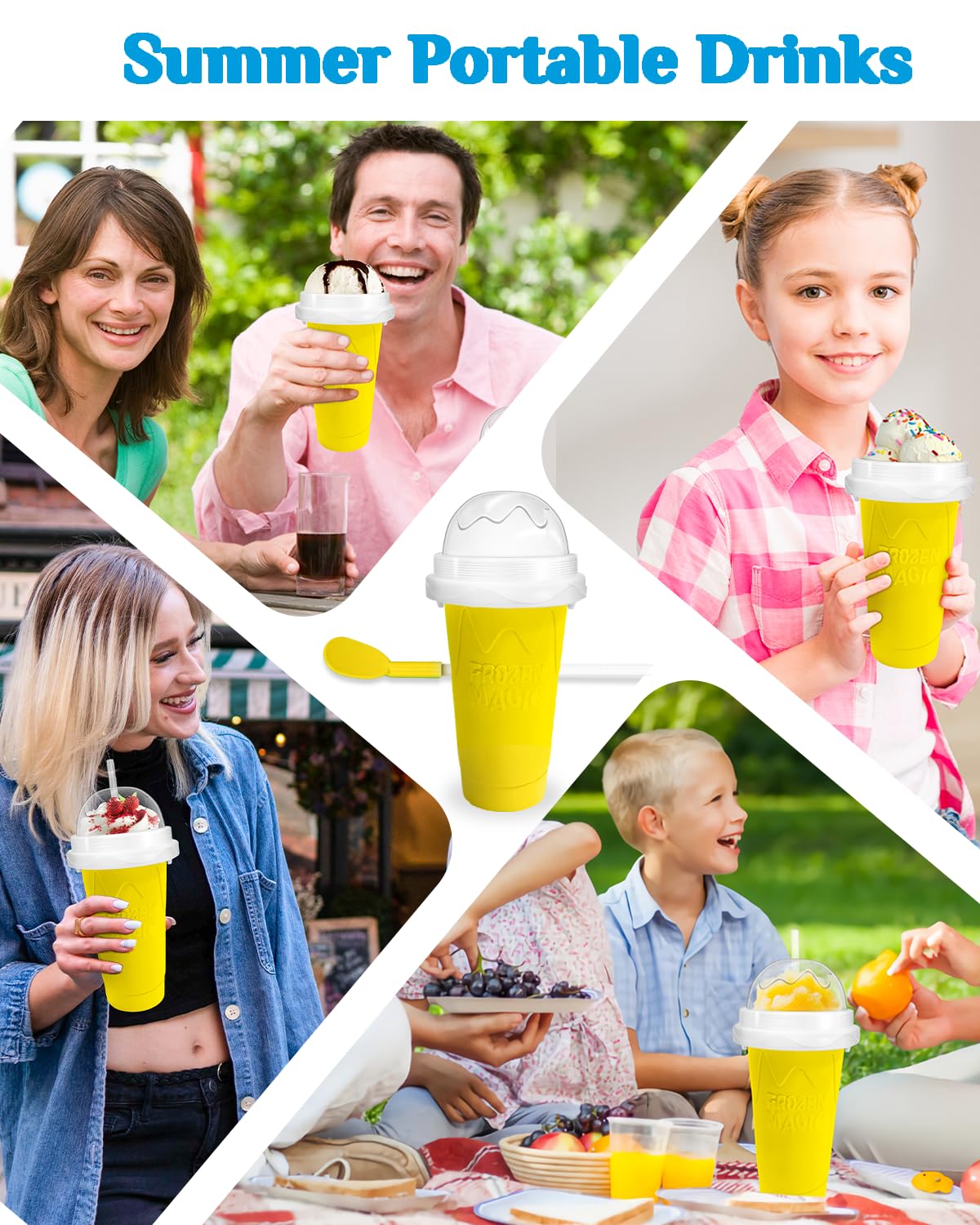 Slushy Maker Cup, DIY Magic Slushy Maker Squeeze Cup, Portable Smoothie Squeeze Cup for Juices, Milk and Ice Cream Make, Double Layers Silica Cup with Lid & Straw for Kids, Friends, Family (Yellow)1