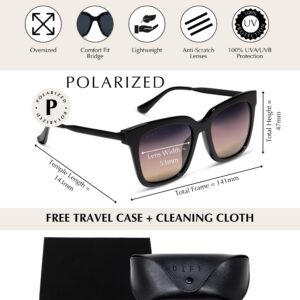 DIFF Bella Designer Oversized Square Sunglasses for Women UV400 Polarized Protection w/giftable travel case, Black + Twilight Gradient