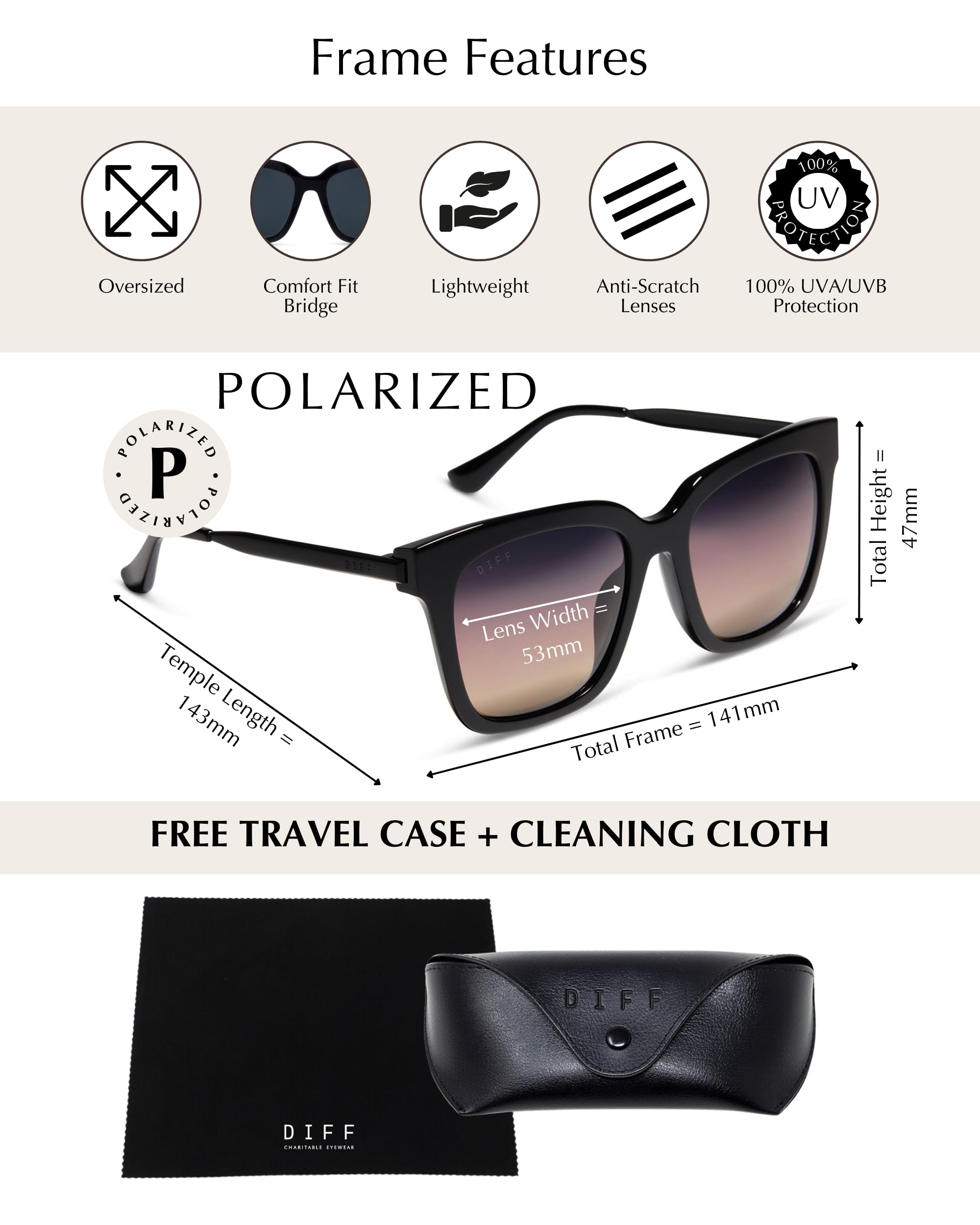 DIFF Bella Designer Oversized Square Sunglasses for Women UV400 Polarized Protection w/giftable travel case, Black + Twilight Gradient