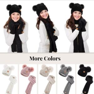 Women's Winter Hat, Glove & Scarf Set - Fleece Lined Beanie with Pom Pom, Touchscreen Gloves, Knit Scarf Neck Warmer