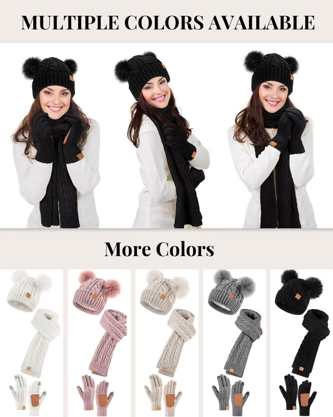 Women's Winter Hat, Glove & Scarf Set - Fleece Lined Beanie with Pom Pom, Touchscreen Gloves, Knit Scarf Neck Warmer