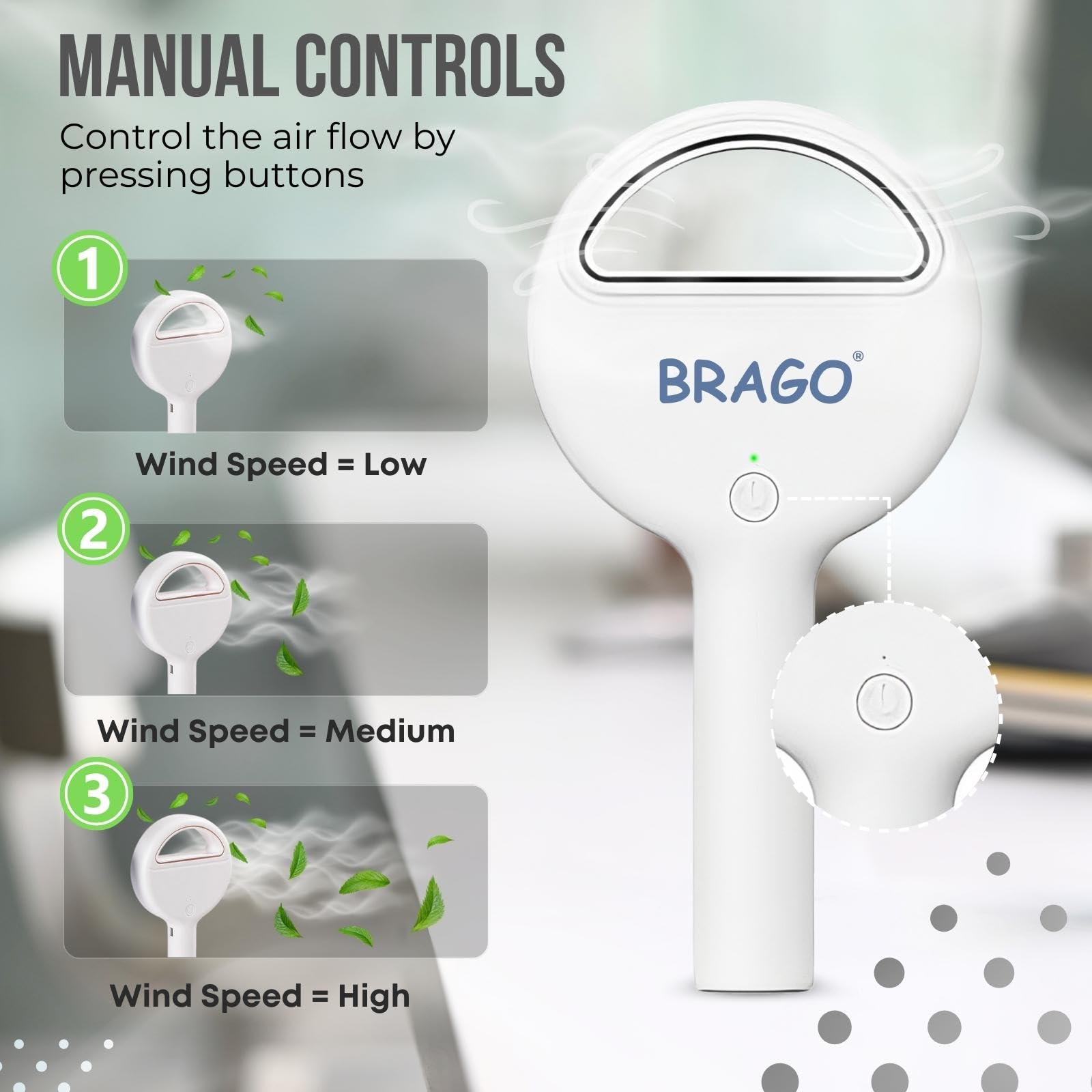 Brago Handheld Bladeless Mini Fan, Portable Hand Fan, Rechargeable Small Pocket Fan, Battery Operated Personal Fan for Indoor Outdoor Travelling (White)