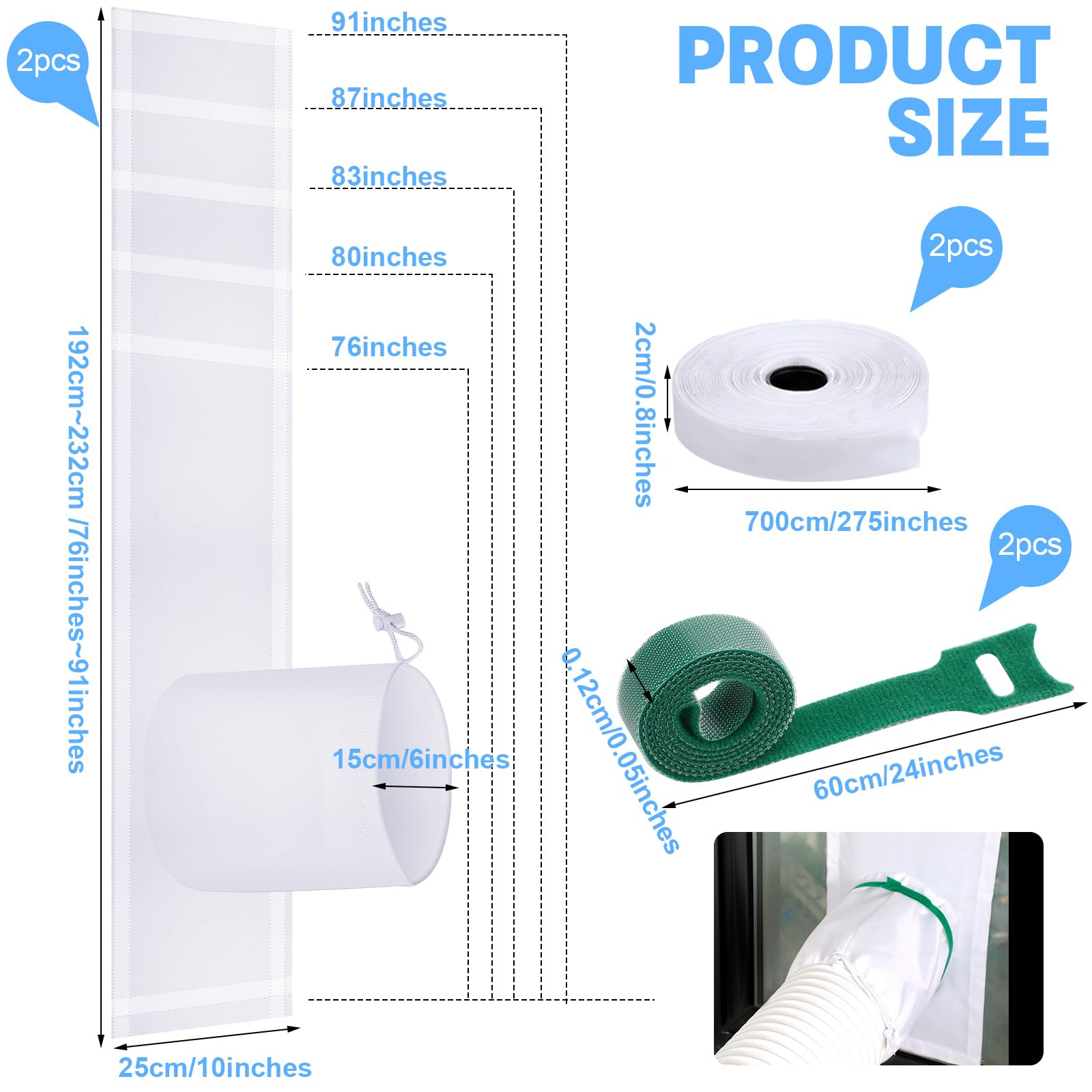 Dandat 2 Set Portable Ac Window Kit Window Seal for Portable Air Conditioner Adjustable Window Vent Kit with Drawstring and Adhesive Fastener for Dryer Hose Casement Window Door (75 to 91 Inches)