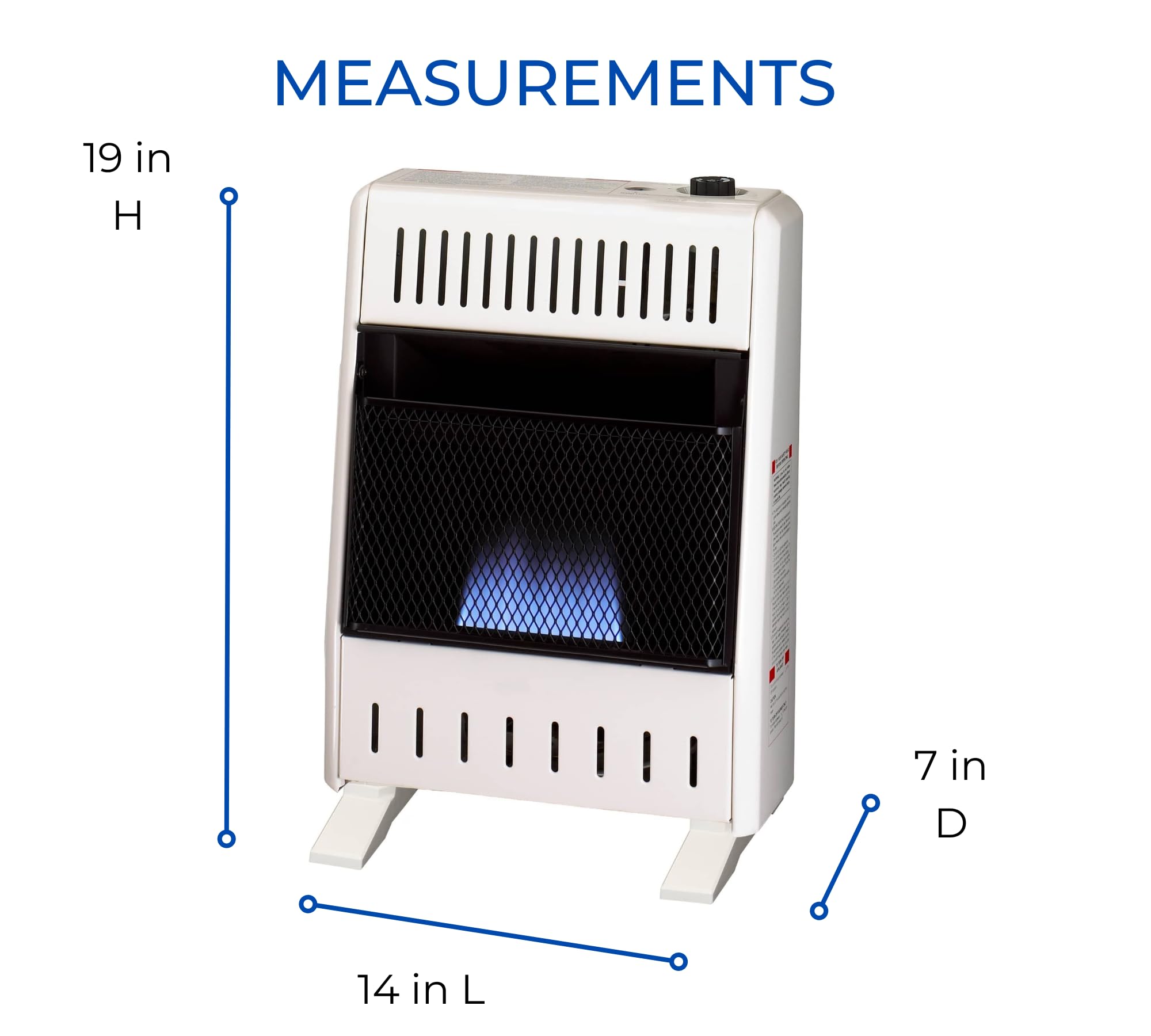 ProCom ML100TBA-B Ventless Propane Gas Blue Flame Space Heater with Thermostat Control for Home and Office Use, 10000 BTU, Heats Up to 500 Sq. Ft., Includes Wall Mount and Base Feet, White